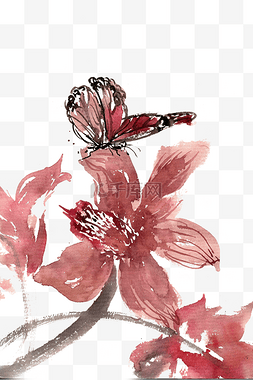 红花水墨画图片_红花与蝴蝶