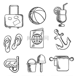 水桶铲子图片_暑假和旅行素描图标描绘了行李、