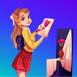 艺术家女孩在花瓶里画花。