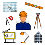 建筑业设计用安全帽图标中的建筑师或工程师，以及建筑项目蓝图、多层建筑、自动水平仪、圆规、水平尺、绘图桌、灯和量角器的彩色草图。