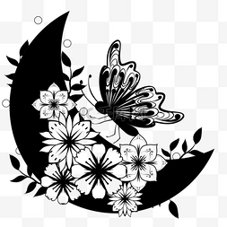 黑白素描花卉图片_黑白月亮花卉蝴蝶剪影