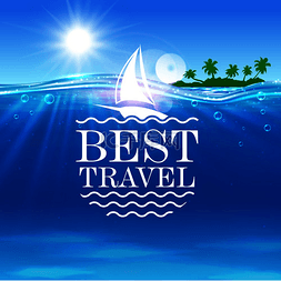 海滩背景船图片_夏季旅行矢量海报海洋热带棕榈岛