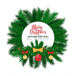 装饰的树枝图片_圣诞快乐圆形标签绿色云杉树枝和