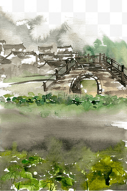 中国风水墨画水雾中的桥