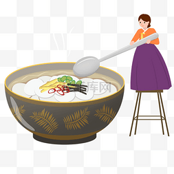 料理勺子图片_站在高凳上的韩国女人和打糕汤