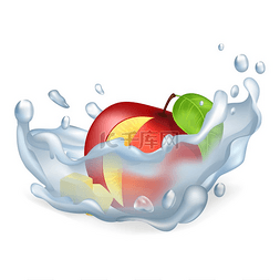 成熟的红苹果图片_在干净的水中用叶子滴切成熟的红