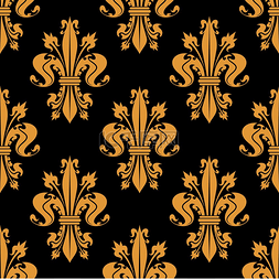 黑色背景上的装饰图片_皇家法国百合的金色无缝图案排列