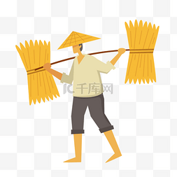 越南农民戴笠帽肩挑干草卡通