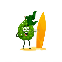 热带水水果图片_卡通欢快的佛手柑水果角色与冲浪