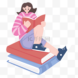 书籍图片_坐在书本上阅读书本书籍女孩
