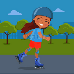 孩子溜冰鞋图片_在公园里穿着头盔溜冰鞋的年轻女
