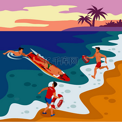 运动海报插图图片_海滩救生员等距海报与救助者团队