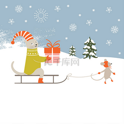 飞扬的雪花图片_圣诞贺卡与可爱的小动物