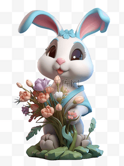 手绘图花图片_手里捧着花的兔子