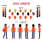 在白色上创建休闲风格的字符矢量横幅收集发型皮肤类型衣服颜色标志和年轻男性在各种姿势下持球创造人的概念创建休闲风格的字符矢量横幅