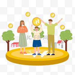 欢乐的背景图图片_韩国银行经济救助人物家庭和金币