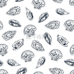 海洋生物矢量图片_贻贝和扇贝的无缝轮廓草图图案有