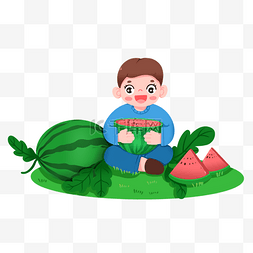 立夏男孩坐在瓜地吃西瓜