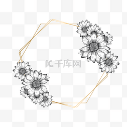 插画花卉植物装饰图片_素描花卉植物金色线条边框