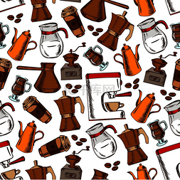 粗略图片_咖啡屋图案与无缝粗略咖啡壶、杯