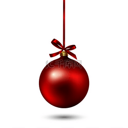 红色圣诞节快乐图片_与丝带和弓的红色圣诞节球在白色