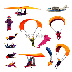 生活娱乐图标图片_跳伞极限运动元素平面图标集合与