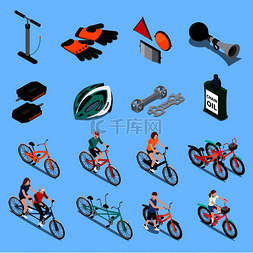 骑自行车的图标图片_彩色和等距自行车等距图标集与运
