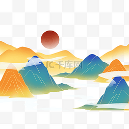 国潮秋季夕阳山水景色