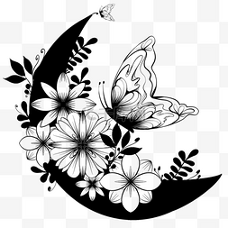 黑白剪影蝴蝶月亮花卉