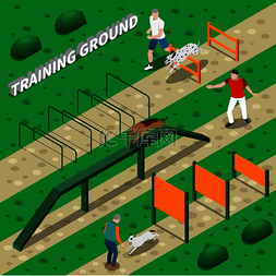 首图设计模板图片_人们带着宠物在训练场 3d 矢量图