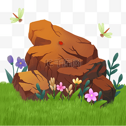 岩石卡通素材图片_古风岩石大石头卡通草地植物春天