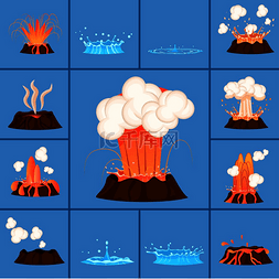 一套火山喷发的炽热熔岩和火山口