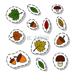 绿色蘑菇树图片_秋天的森林元素贴纸或图标集。