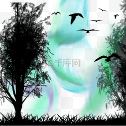 绿色森林剪影图片_绿色抽象极光光效森林剪影