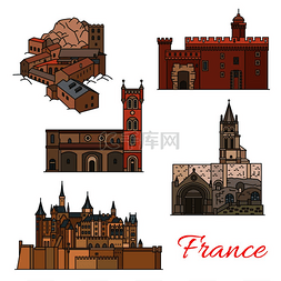 旅游景点图标图片_法国旅游地标细线图标与法国建筑