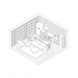 建筑绘制图片_客厅内部线条在等轴测视图中绘制