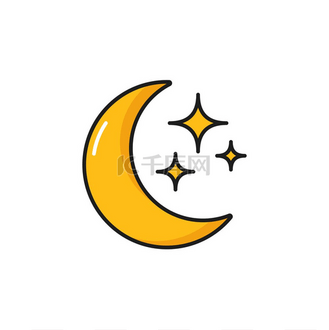 夜间月亮和星星的天气预报颜色轮廓图标,矢量线象形文字.