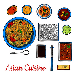 丰富多彩的传统亚洲美食晚餐，包