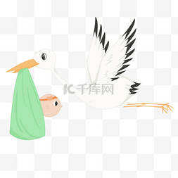 羽毛组成的鸟图片_好奇的婴儿与飞翔的鹳卡通插画
