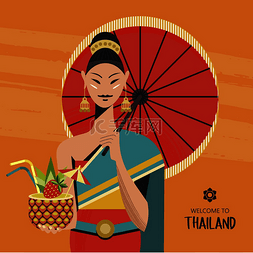 泰国女人图片_一个带着红伞的美丽泰国女孩拿着