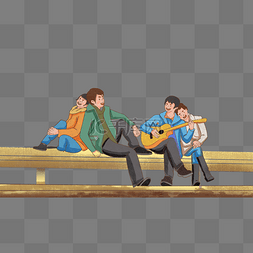 青年坐在木桩上弹吉他人物