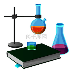 教科书和化学工具在白色上隔离矢