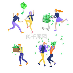 卡通钱雨图片_快乐的人物在移动中庆祝胜利。