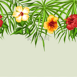 热带无缝图案棕榈叶和芙蓉花热带