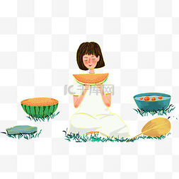 吃西瓜场景图片_小暑夏季女孩吃西瓜