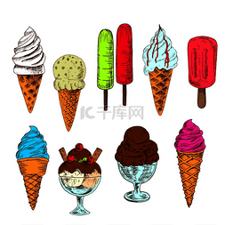 冰淇淋的甜筒图片_带有香草、草莓、薄荷和开心果口