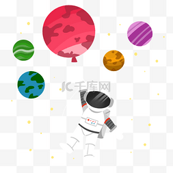 创意卡通宇航员牵着星球气球漂浮