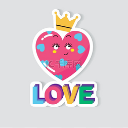 卡通贴纸粉红色的心与皇冠。