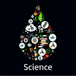 科学符号呈滴状，带有显微镜、书