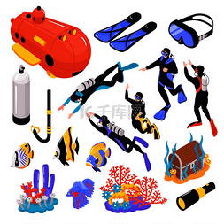 潜水图图片_深潜和水肺潜水等距童话水下设置